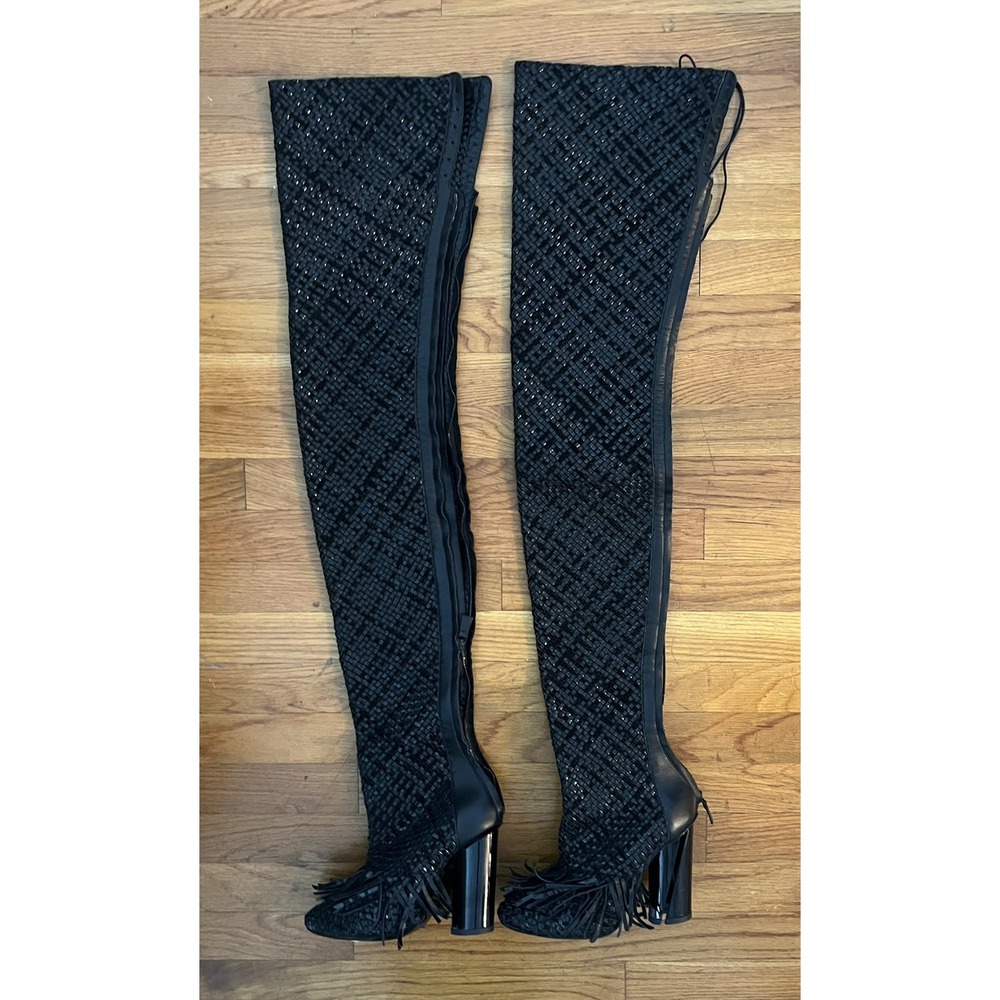 proenza schouler Woven Black Leather Thigh High Boots With Tassles 38 7.5